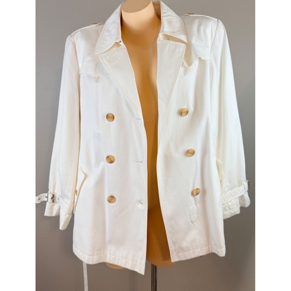 Gallery Old Money White Double Breasted Belted Trench Coat Jacket XL - Picture 3 of 6